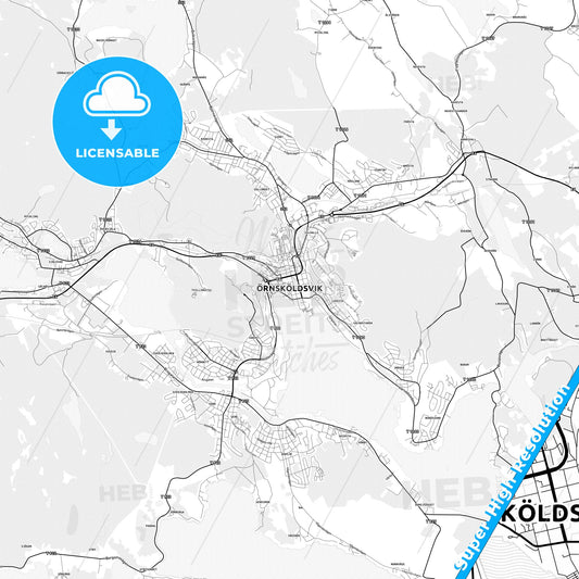 Örnsköldsvik, Sweden light map with streetnames, citynames and districts