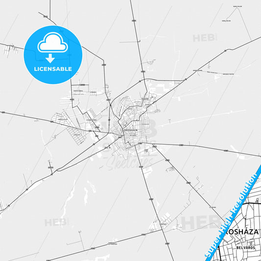 Orosháza, Hungary light map with streetnames, citynames and districts