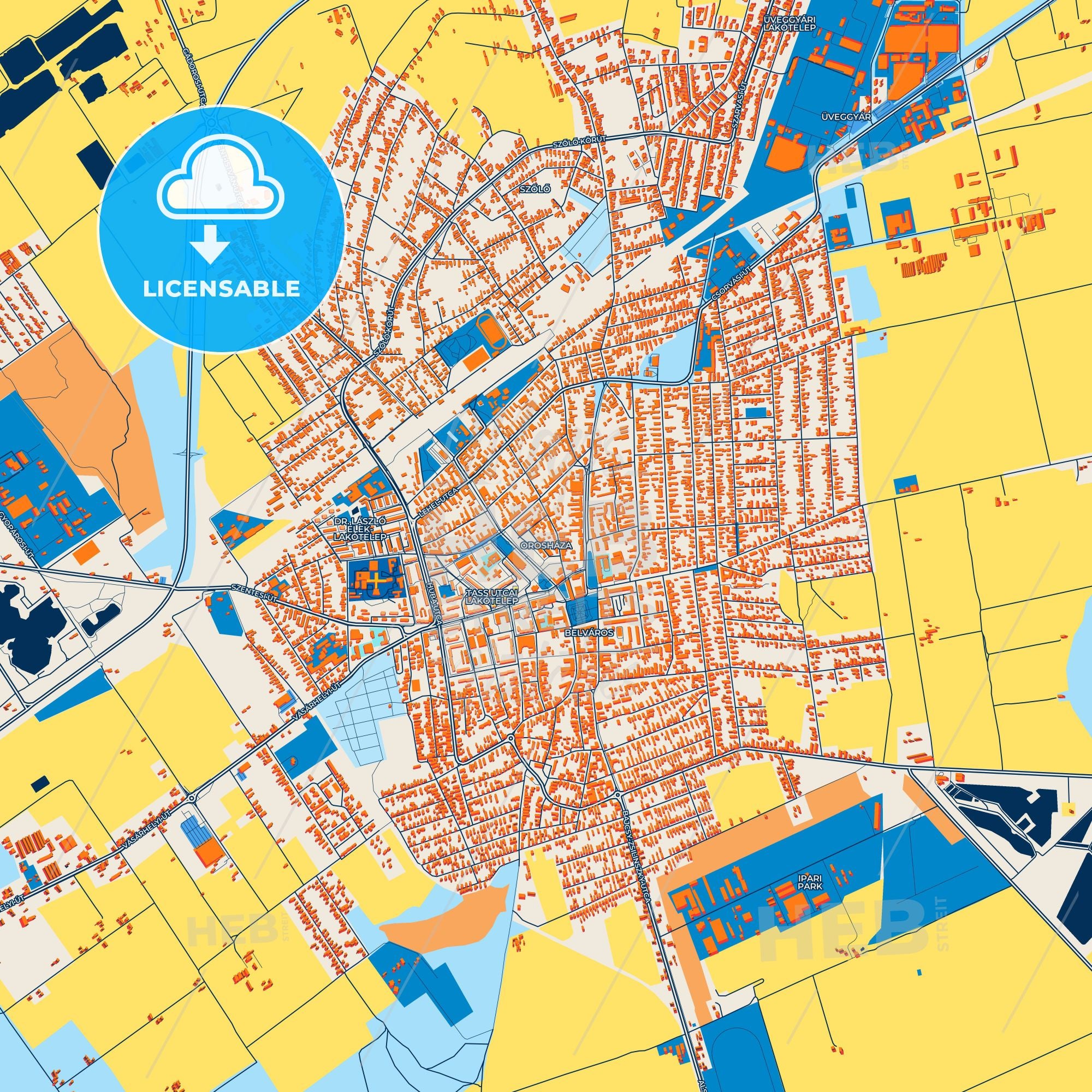 Colorful Orosháza Street Map With Labels And Buildings – HEBSTREITS