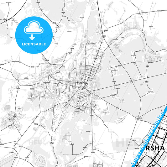 Orsha, Belarus light map with streetnames, citynames and districts