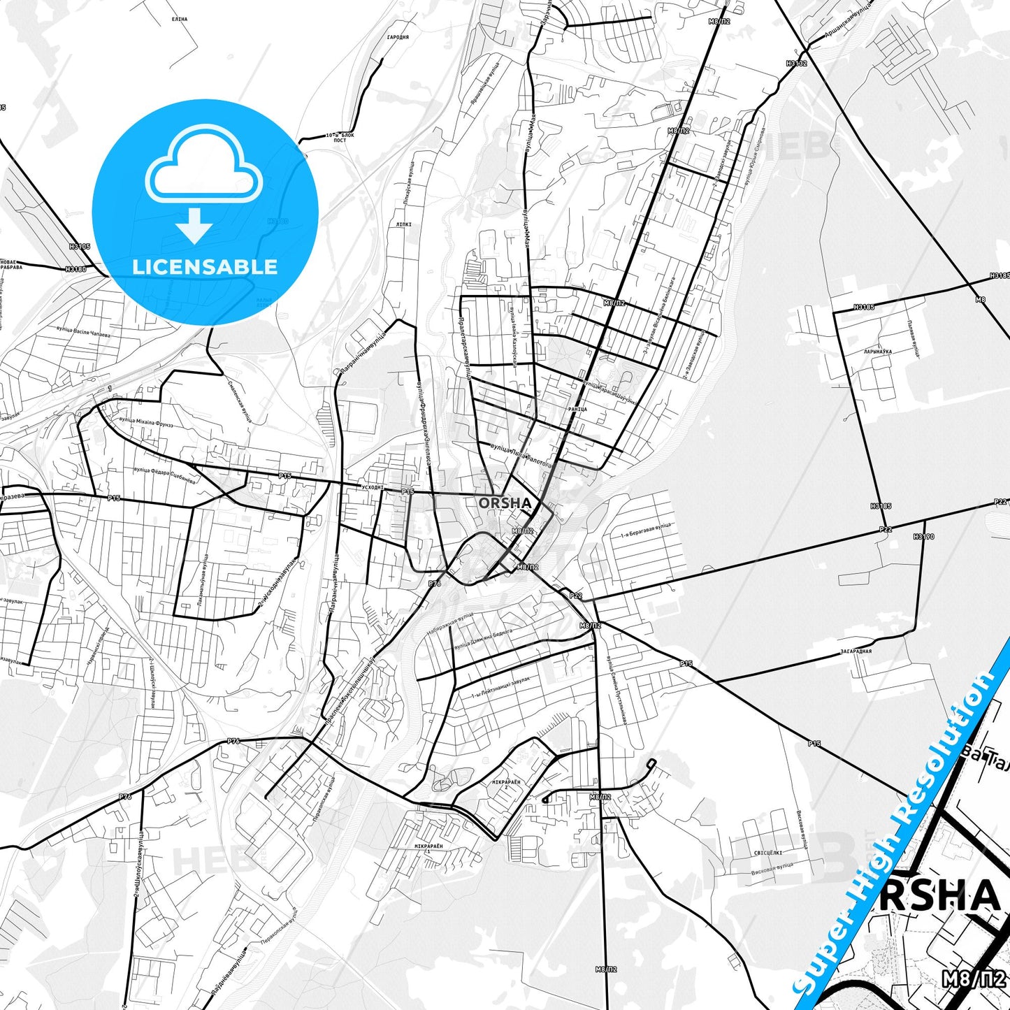 Orsha, Belarus Light Map with Street Names, City Names, and Districts