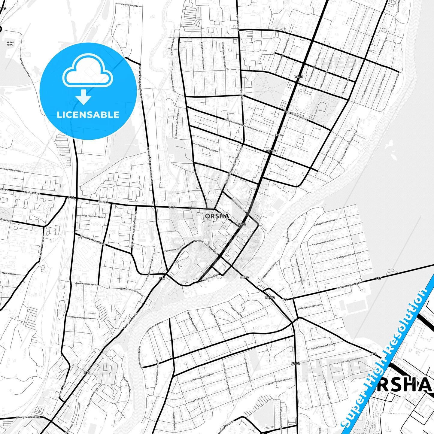 Orsha, Belarus Light Map with Street Names, City Names, and Districts