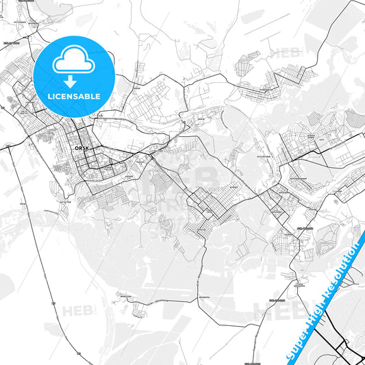 Orsk, Russia light map with streetnames, citynames and districts