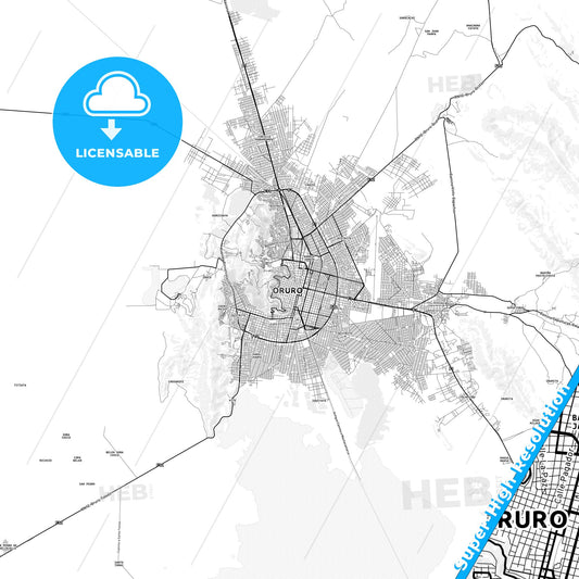 Oruro, Bolivia light map with streetnames, citynames and districts