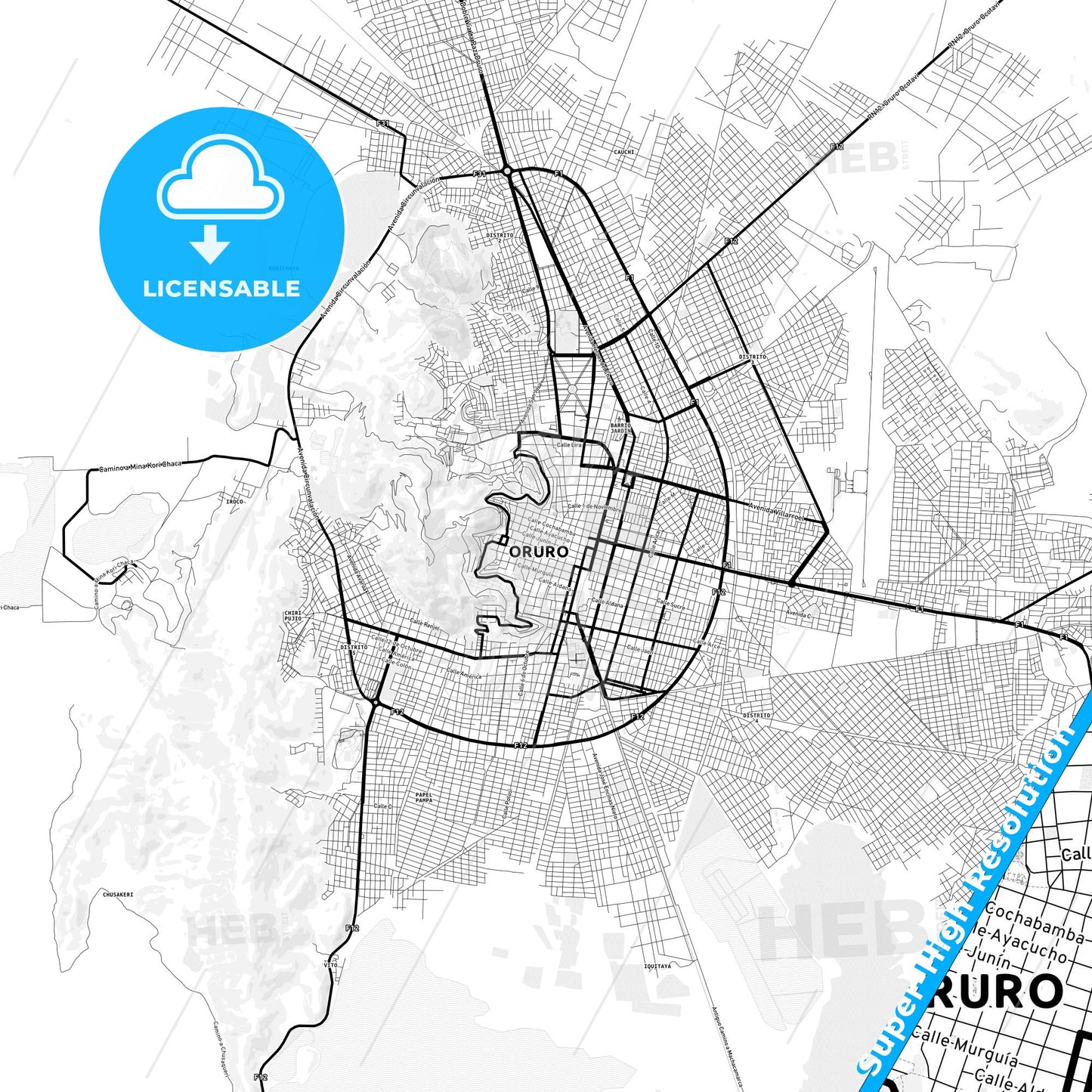 Oruro, Bolivia Light Map with Street Names, City Names, and Districts
