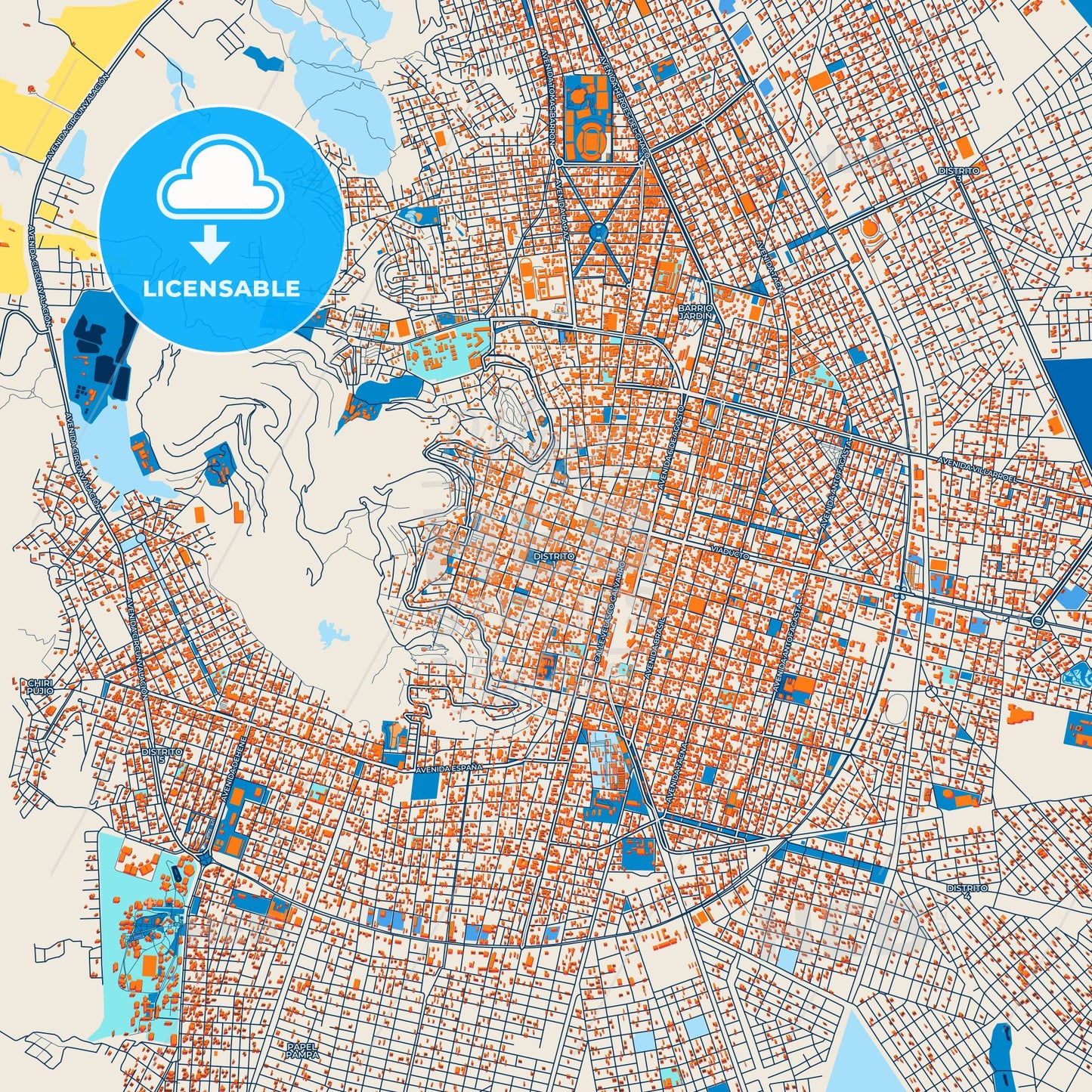 Colorful Oruro Street Map with Labels and Buildings