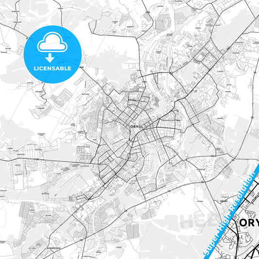 Oryol, Russia light map with streetnames, citynames and districts