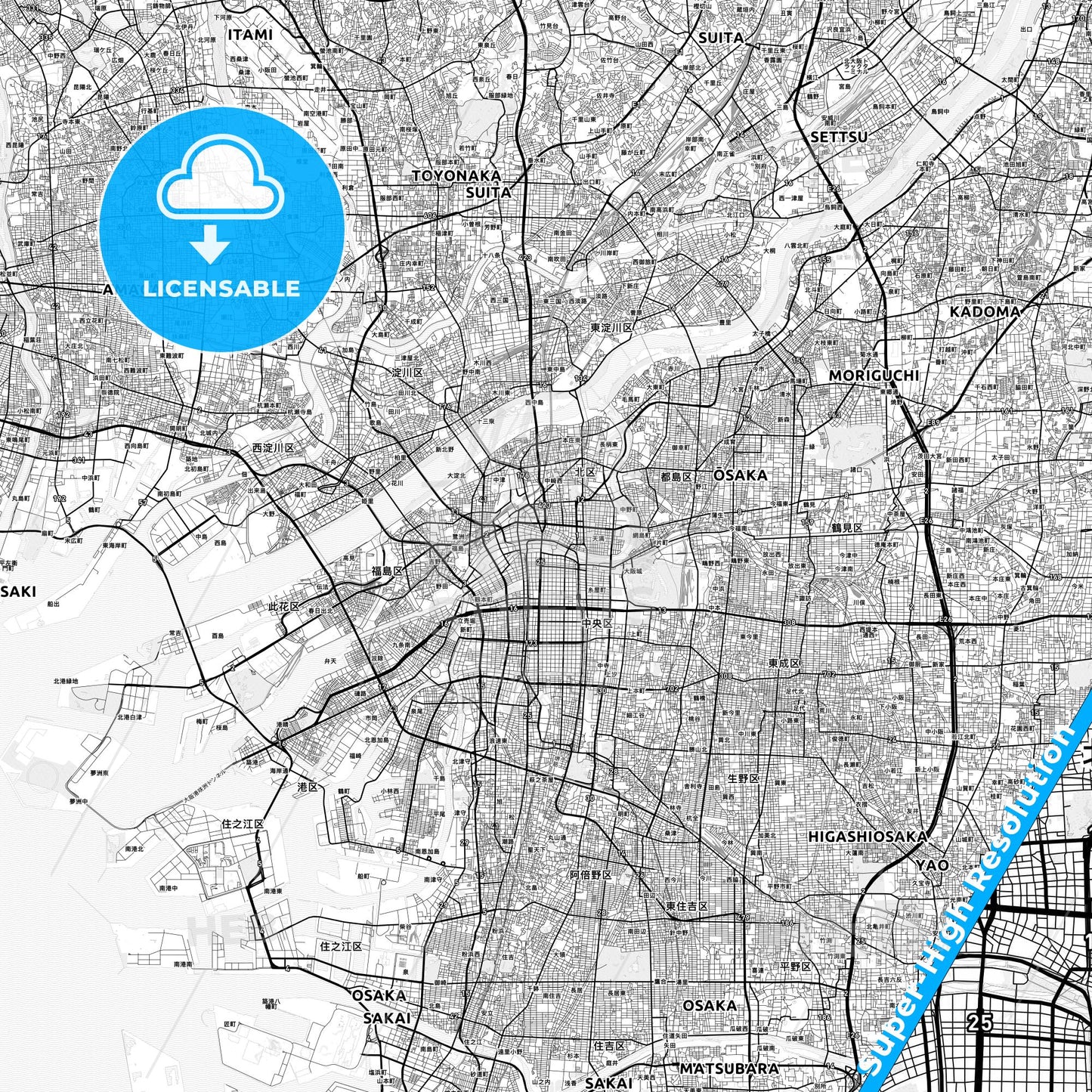 Osaka, Japan light map with streetnames, citynames and districts
