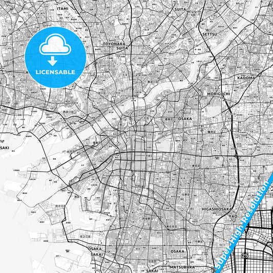 Osaka, Japan light map with streetnames, citynames and districts