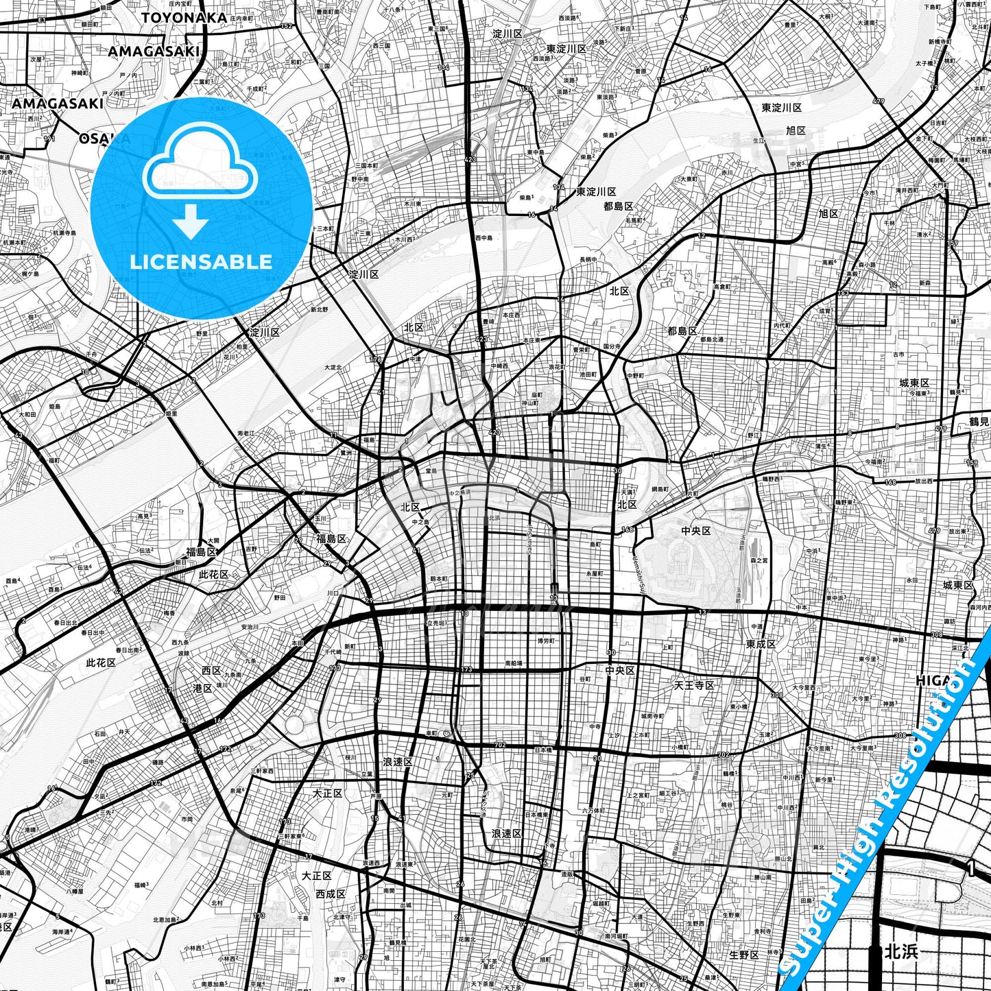 Osaka, Japan Light Map with Street Names, City Names, and Districts