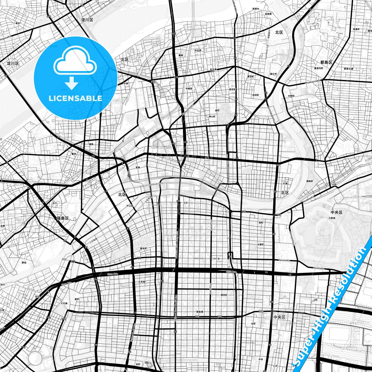 Osaka, Japan Light Map with Street Names, City Names, and Districts