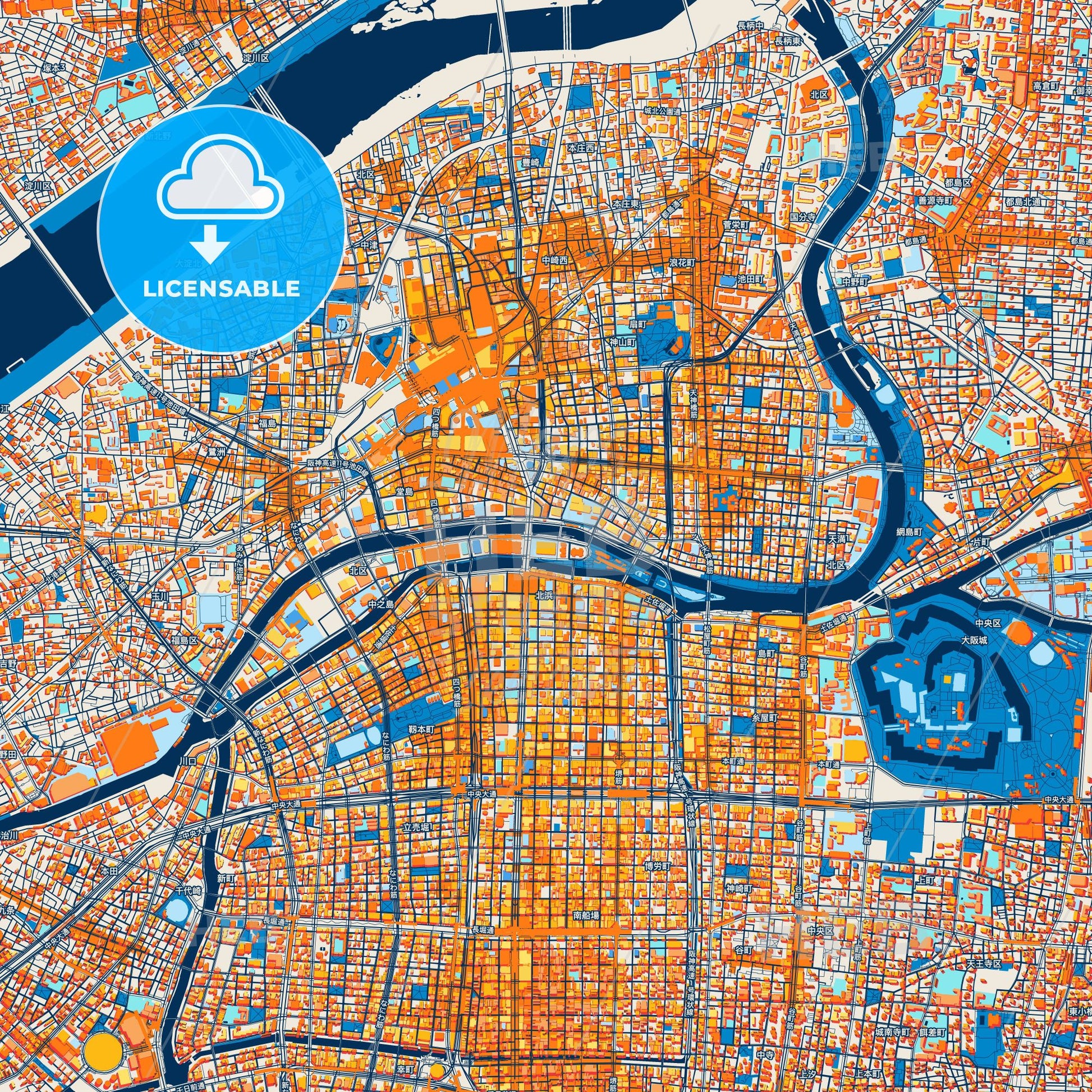 Colorful Osaka Street Map with Labels and Buildings