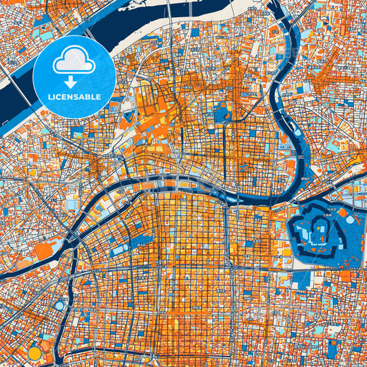 Colorful Osaka Street Map with Labels and Buildings