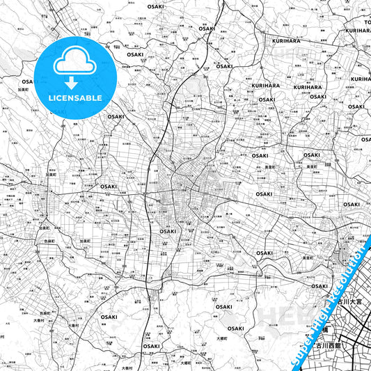 Ōsaki, Japan light map with streetnames, citynames and districts