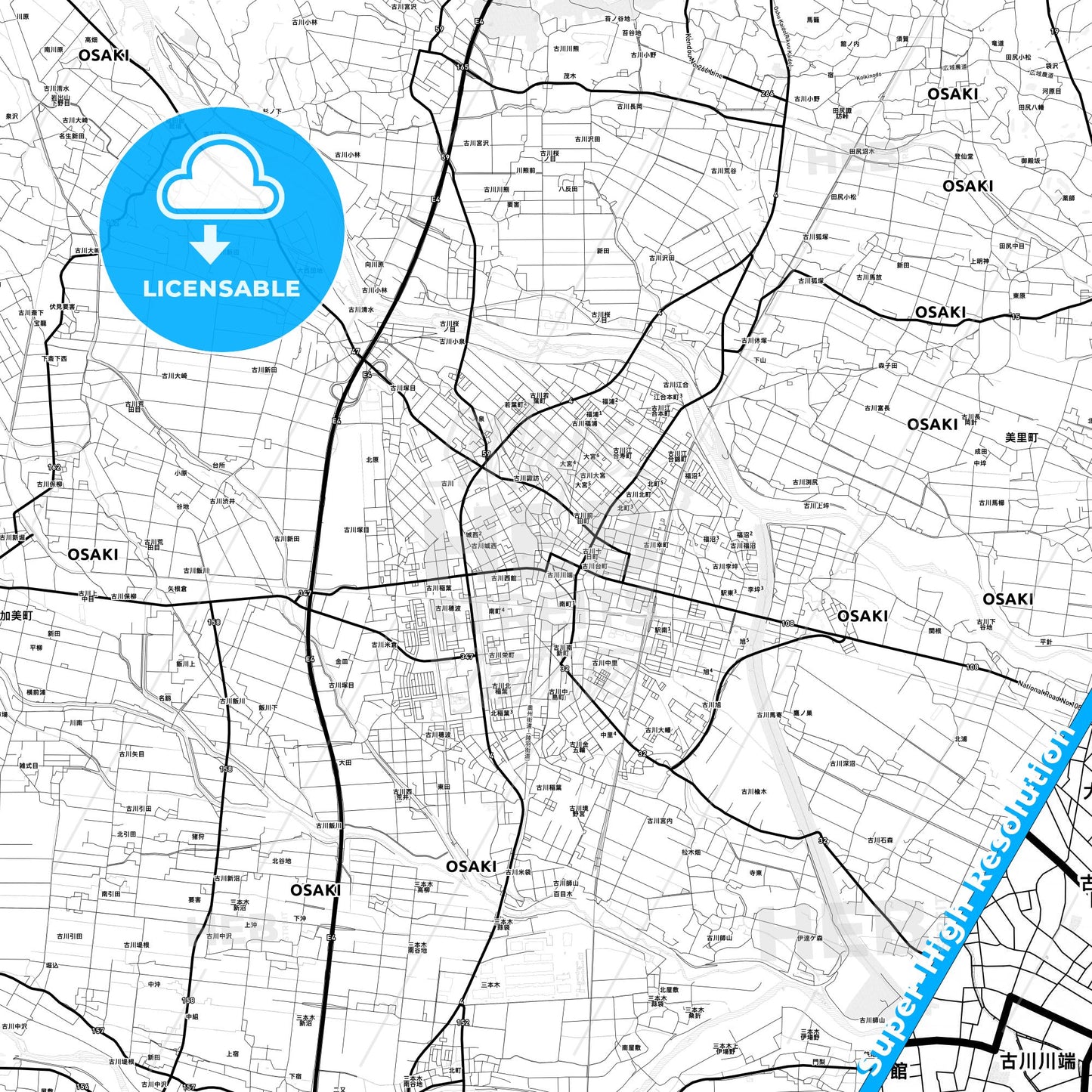 Ōsaki, Japan Light Map with Street Names, City Names, and Districts