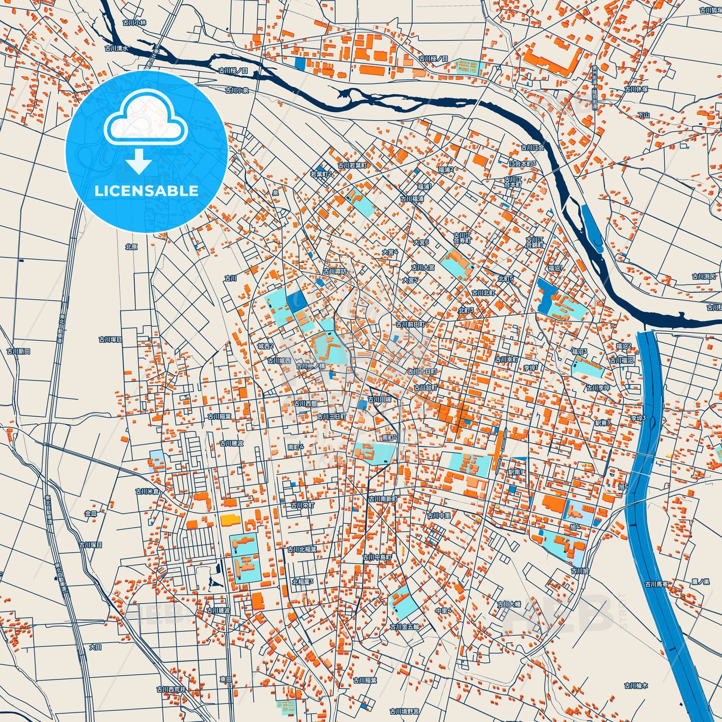 Colorful Ōsaki Street Map with Labels and Buildings