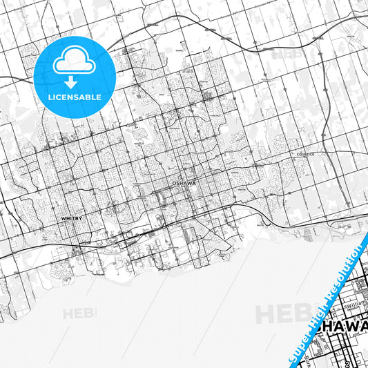Oshawa, Canada light map with streetnames, citynames and districts