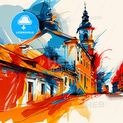 Vibrant Oshawa, Canada - A Colorful Painting Of A Street With Buildings