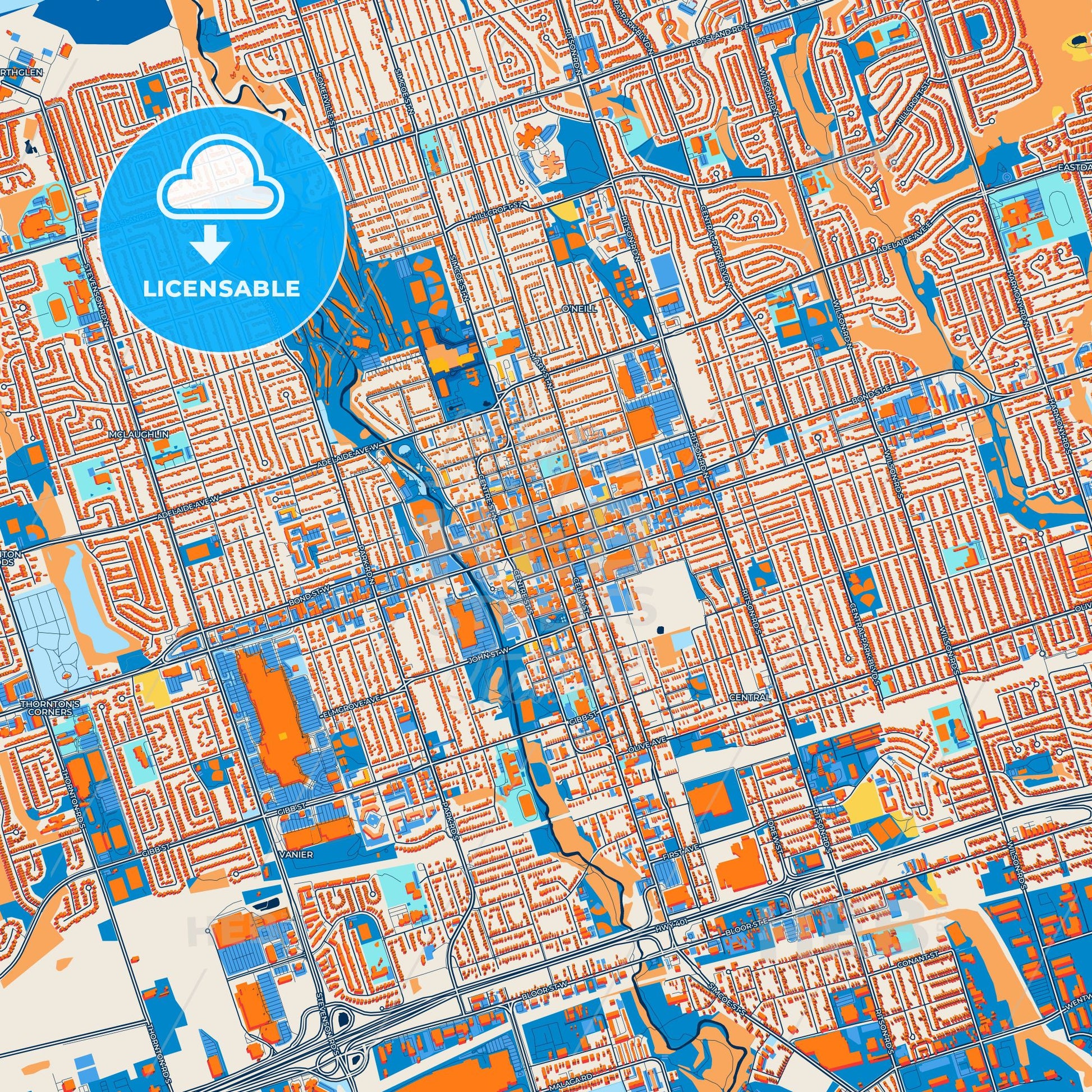 Colorful Oshawa Street Map with Labels and Buildings