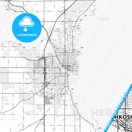 Oshkosh, Wisconsin light map with streetnames, citynames and districts