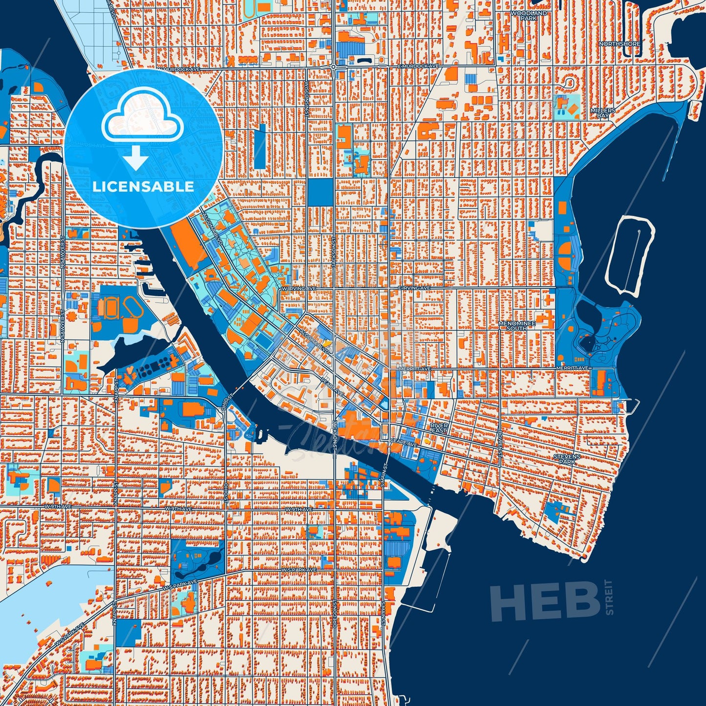 Colorful Oshkosh Street Map with Labels and Buildings