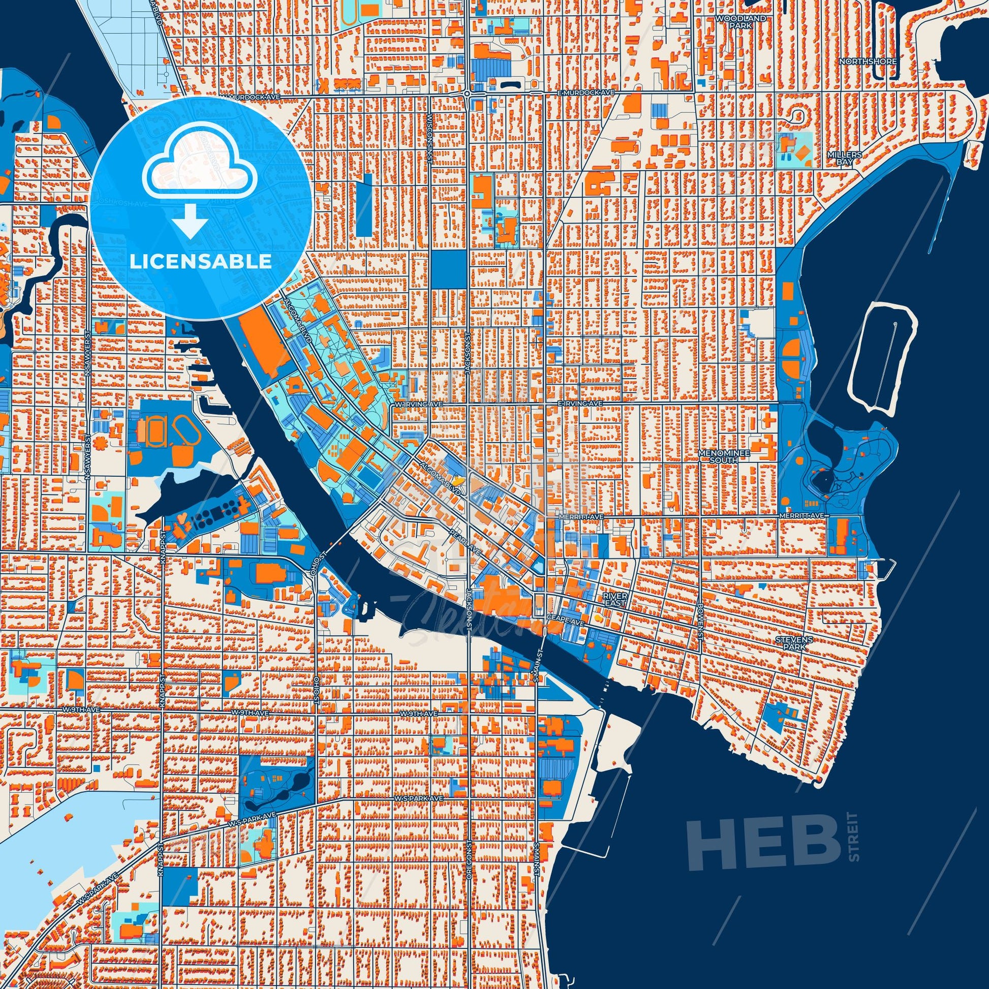 Colorful Oshkosh Street Map with Labels and Buildings