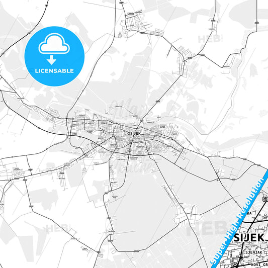 Osijek, Croatia light map with streetnames, citynames and districts