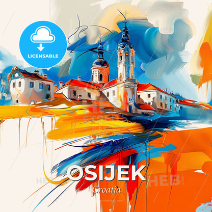 Vibrant Osijek, Croatia - A Painting Of A Building With Towers - Square format print template