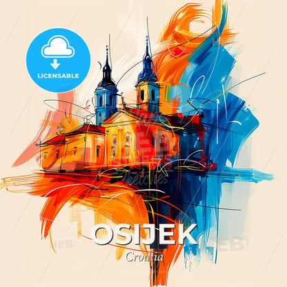 Vibrant Osijek, Croatia - A Painting Of A Building With Towers - Square format print template