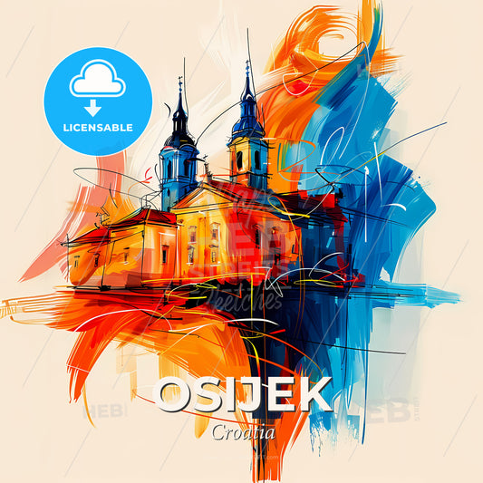 Vibrant Osijek, Croatia - A Painting Of A Building With Towers - Square format print template
