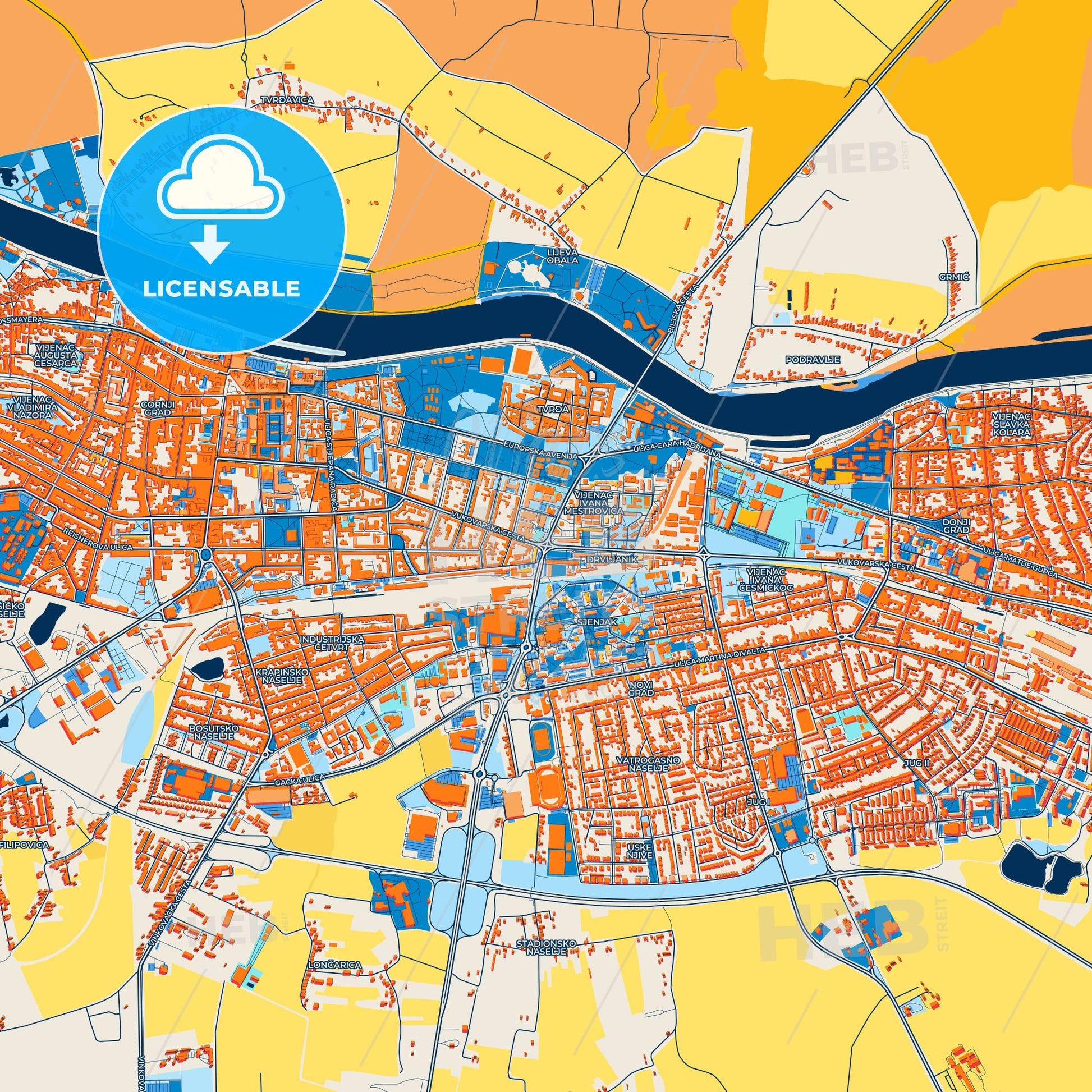 Colorful Osijek Street Map with Labels and Buildings