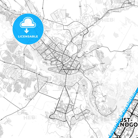 Oskemen, Kazakhstan light map with streetnames, citynames and districts