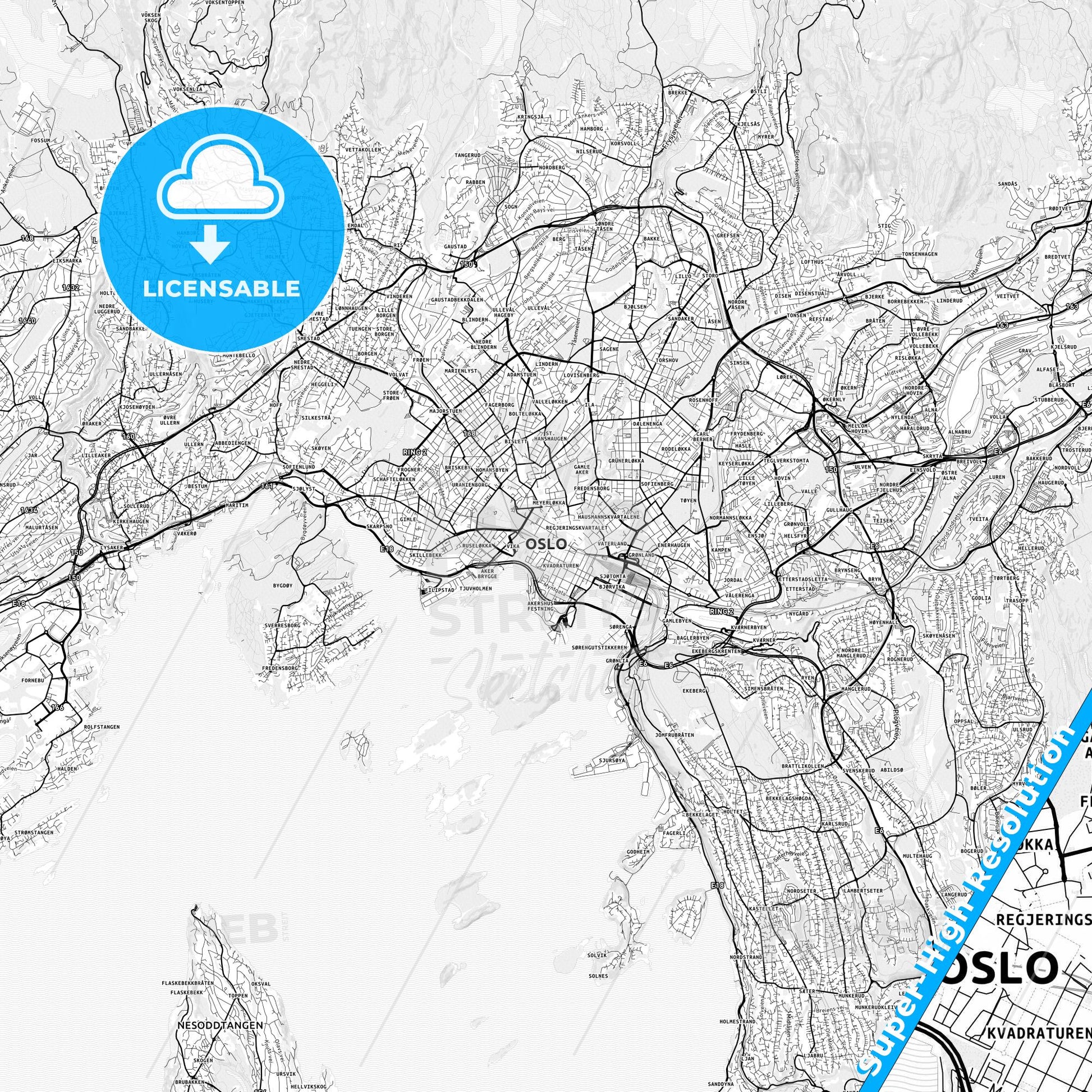 Oslo, Norway light map with streetnames, citynames and districts