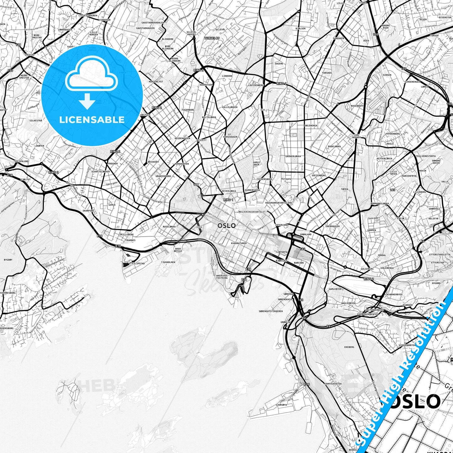 Oslo, Norway Light Map with Street Names, City Names, and Districts