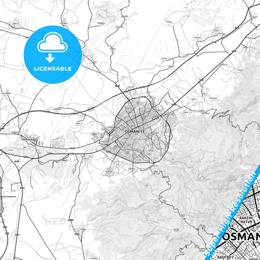 Osmaniye, Turkey light map with streetnames, citynames and districts