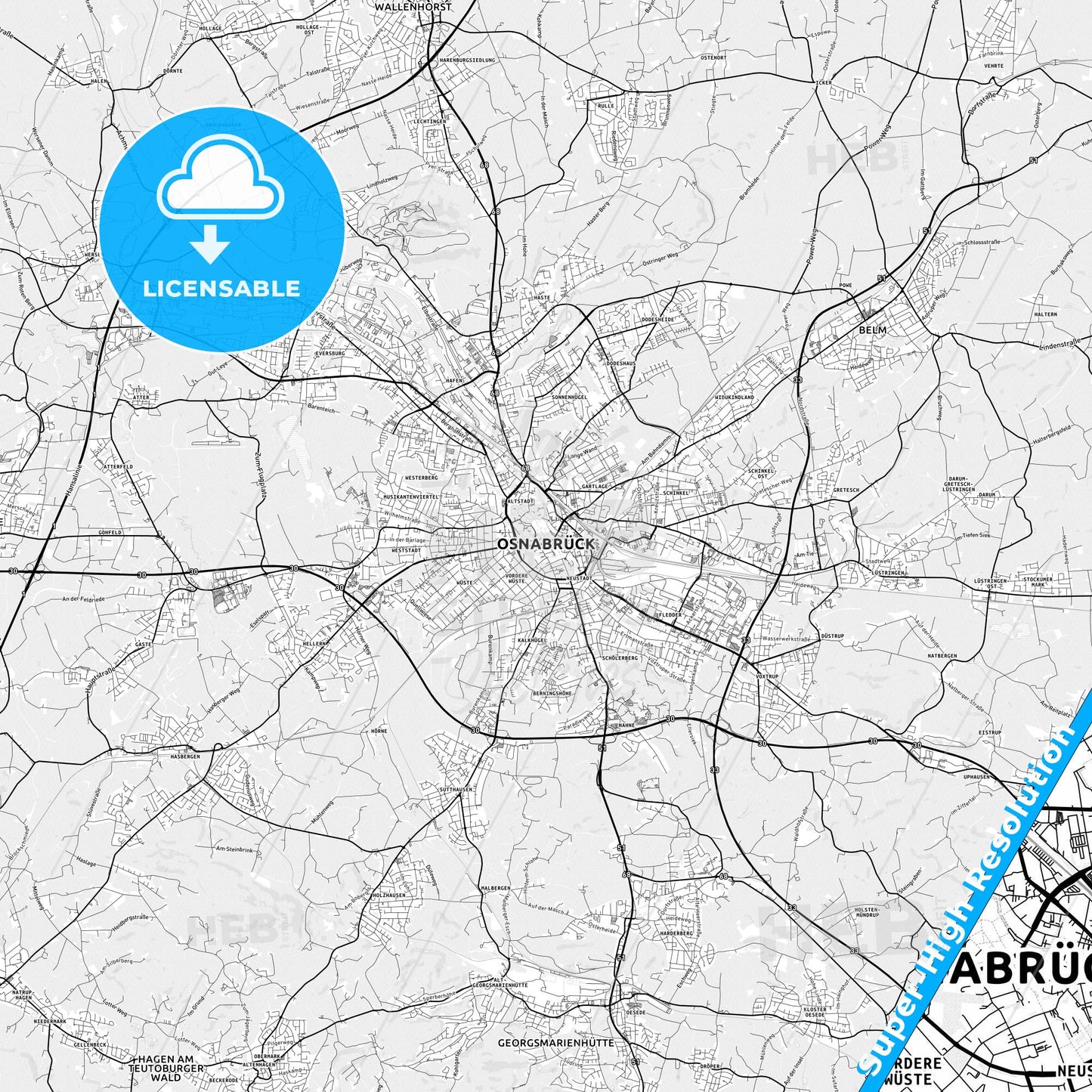 Osnabruck, Germany light map with streetnames, citynames and districts