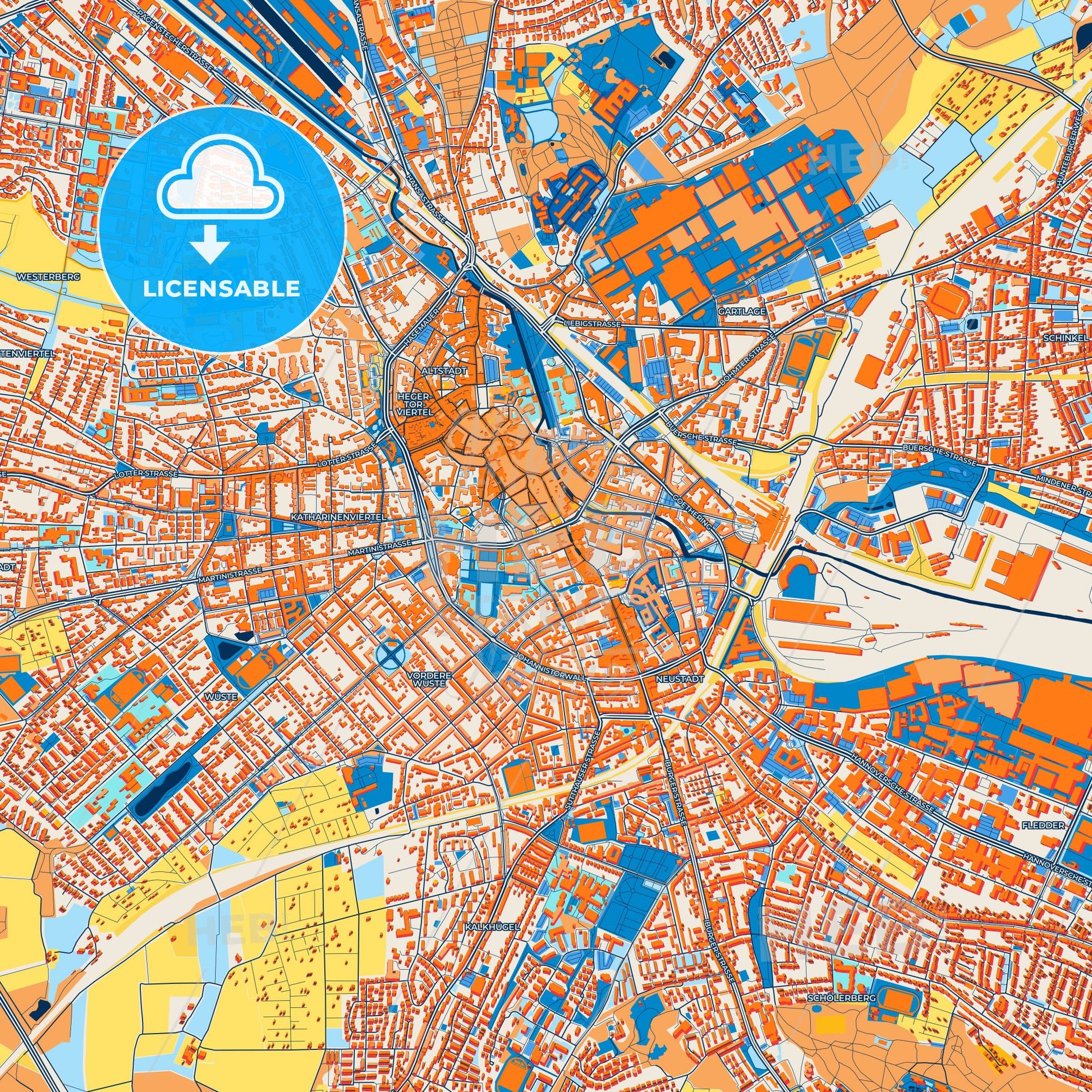 Colorful Osnabruck Street Map with Labels and Buildings