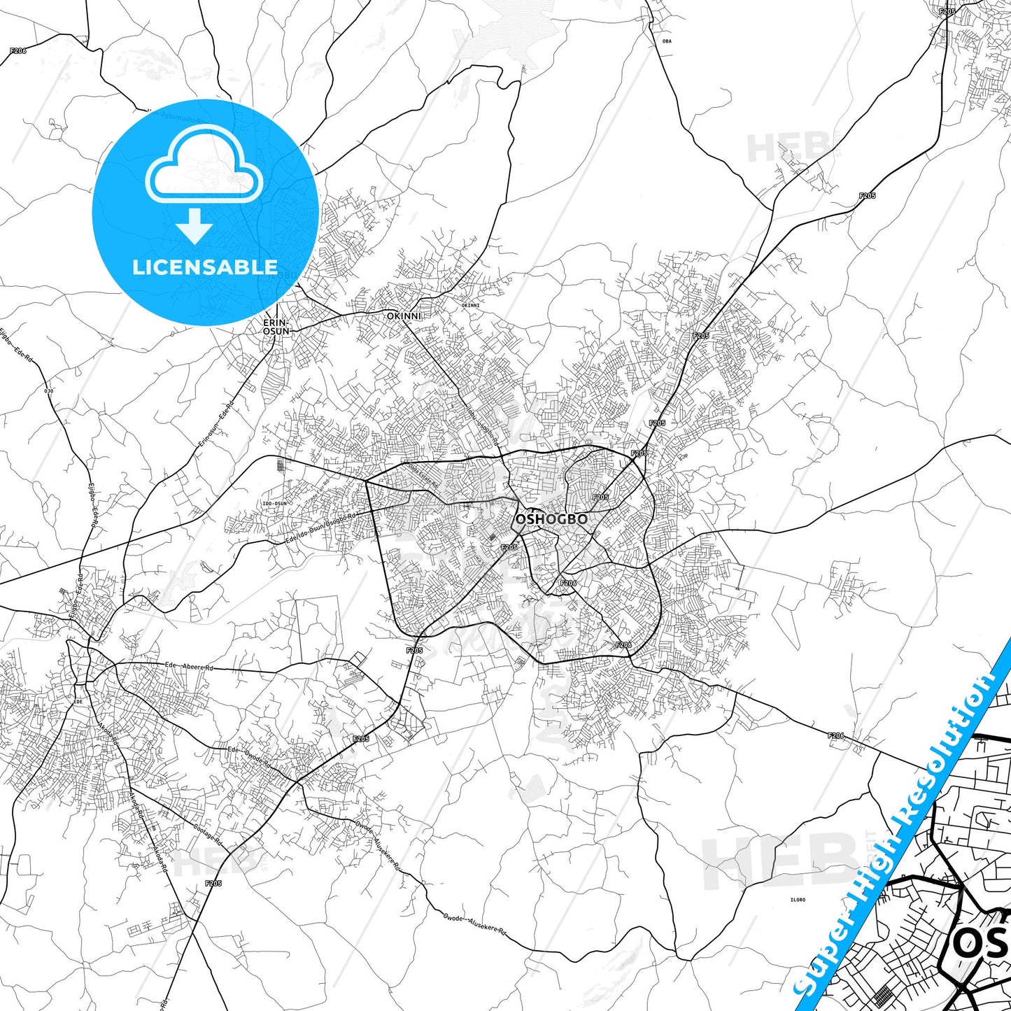 Osogbo, Nigeria light map with streetnames, citynames and districts