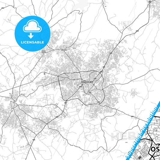 Osogbo, Nigeria light map with streetnames, citynames and districts