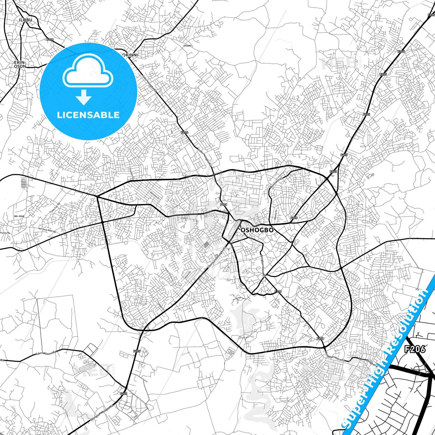 Osogbo, Nigeria Light Map with Street Names, City Names, and Districts