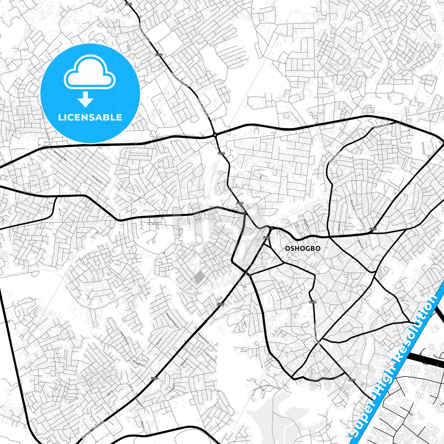 Osogbo, Nigeria Light Map with Street Names, City Names, and Districts