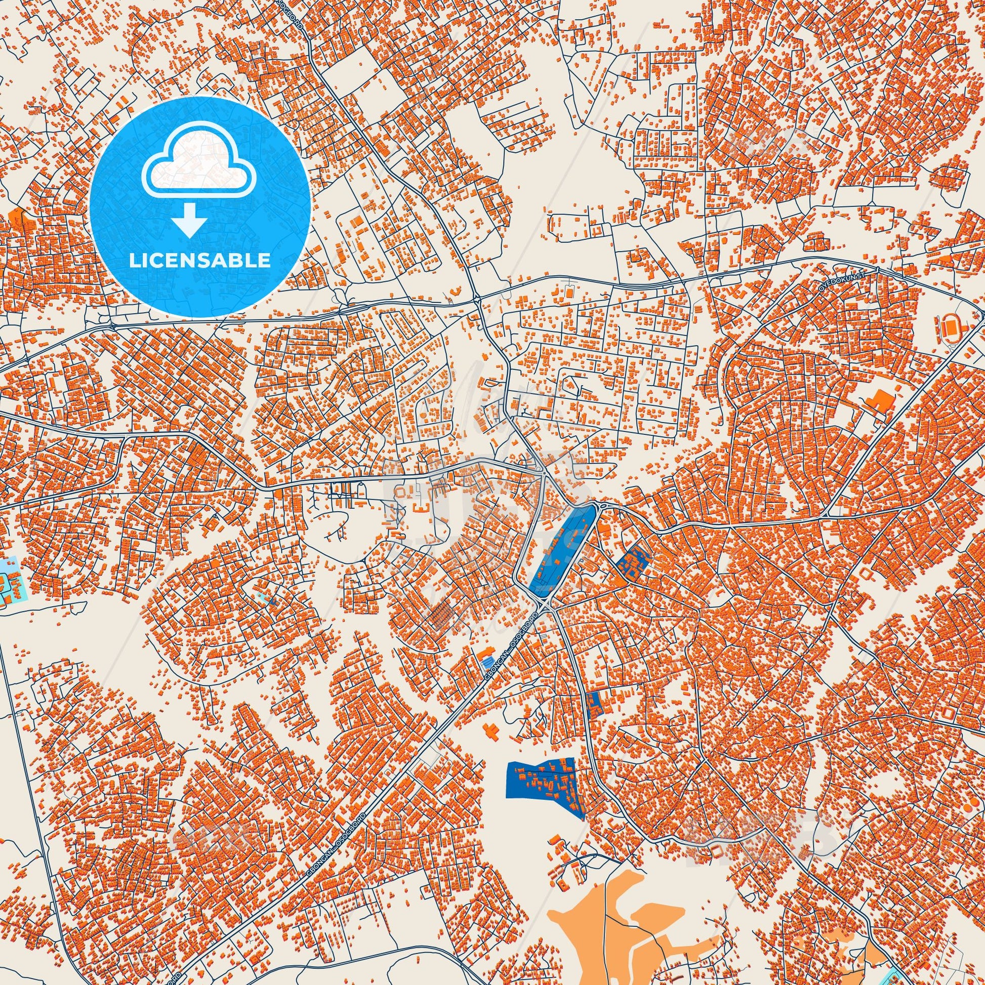Colorful Osogbo Street Map with Labels and Buildings