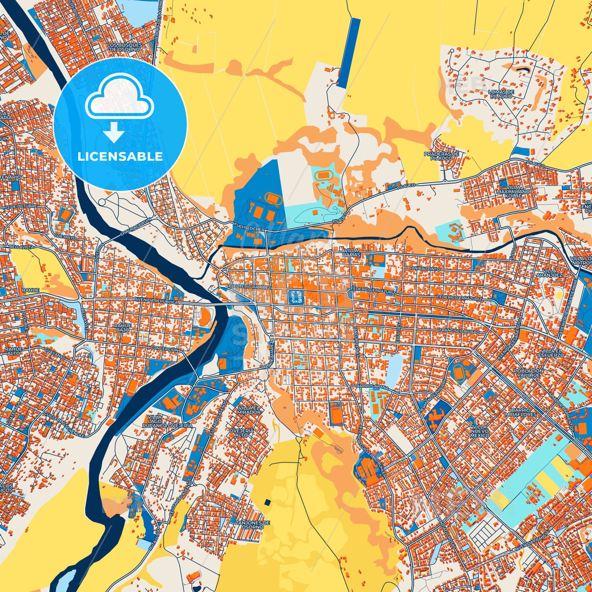 Colorful Osorno Street Map With Labels And Buildings – HEBSTREITS