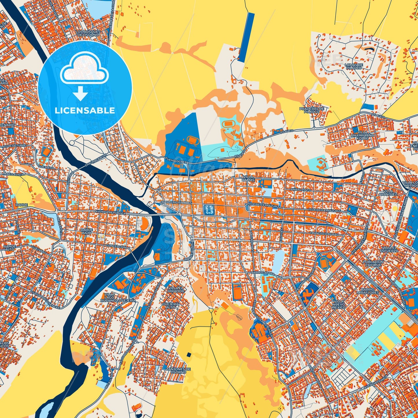 Colorful Osorno Street Map with Labels and Buildings
