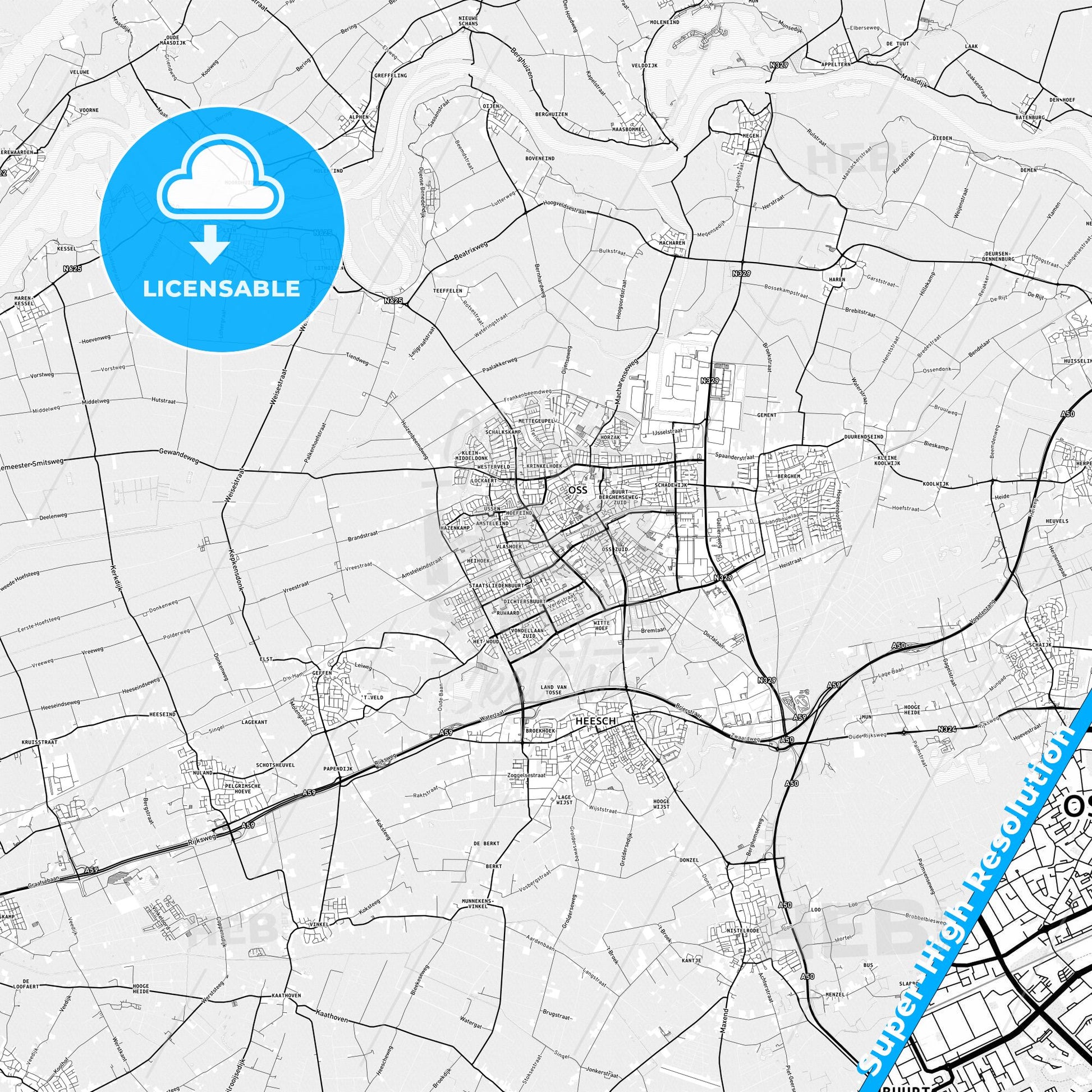 Oss, Netherlands light map with streetnames, citynames and districts