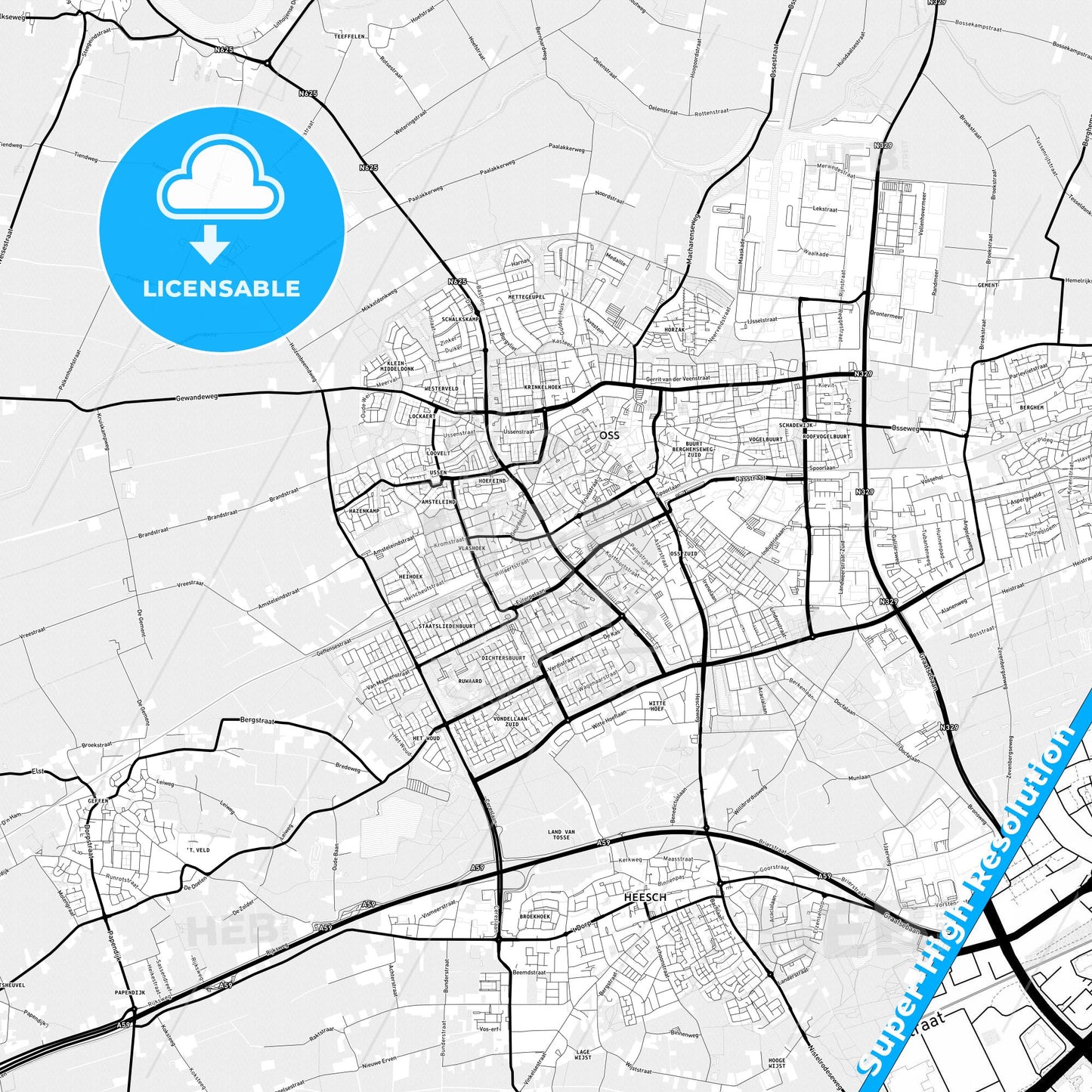 Oss, Netherlands Light Map with Street Names, City Names, and Districts