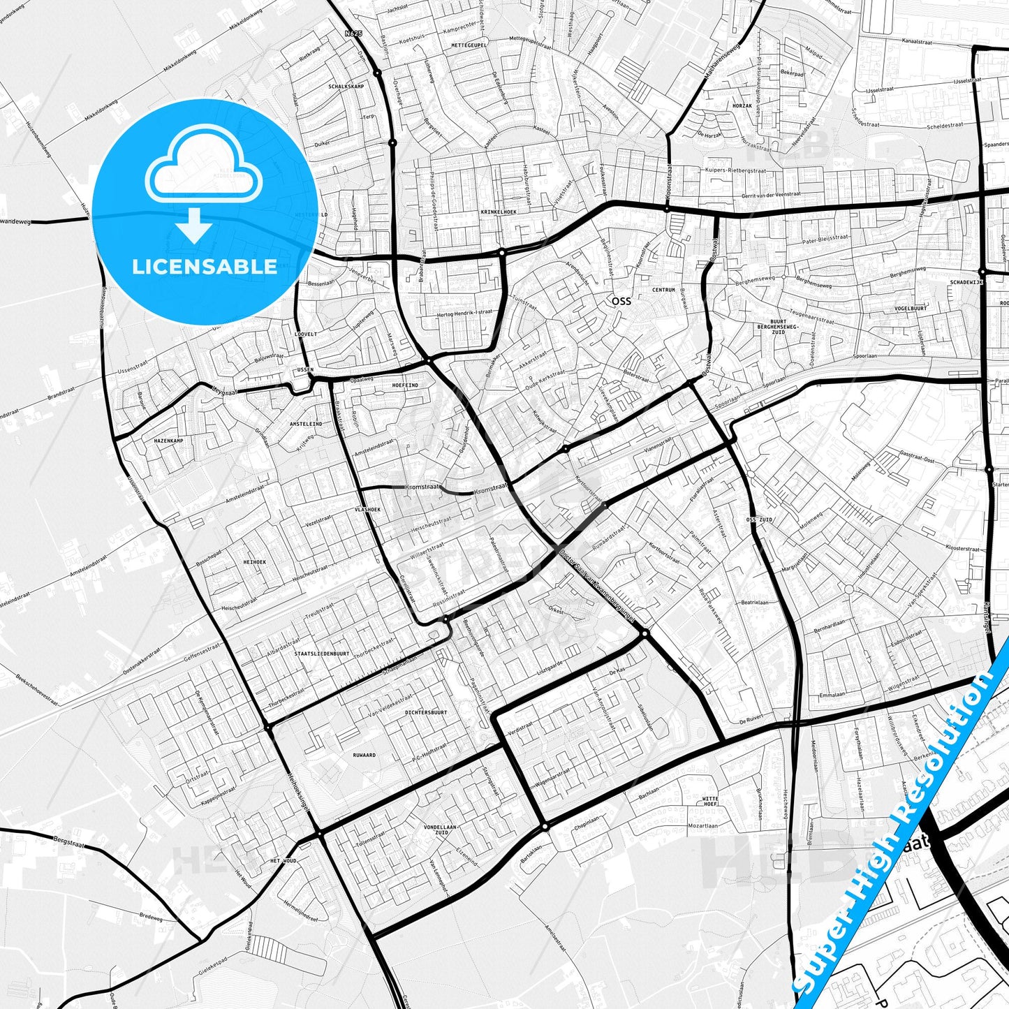 Oss, Netherlands Light Map with Street Names, City Names, and Districts