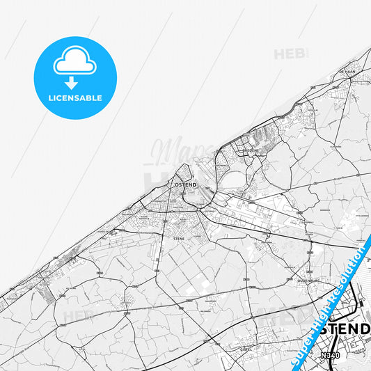 Ostend, Belgium light map with streetnames, citynames and districts