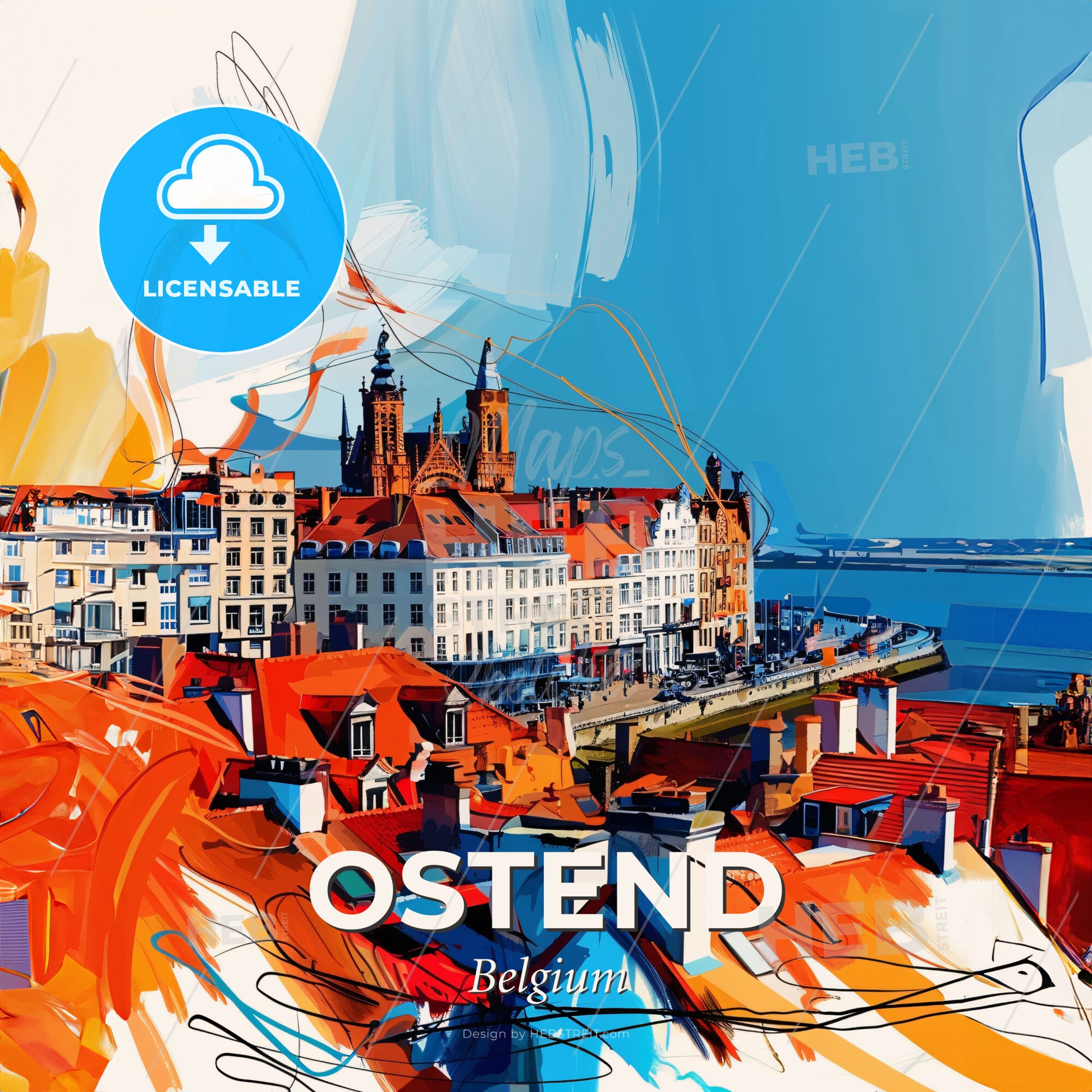 Vibrant Ostend , Belgium - A Colorful Cityscape With Buildings And Water - Square format print template