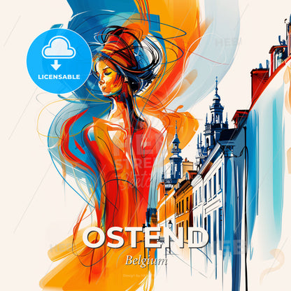 Vibrant Ostend , Belgium - A Woman In A Red Dress - Square format print template